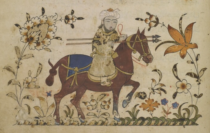 A mamluk (military slave) riding a horse and holding two lances