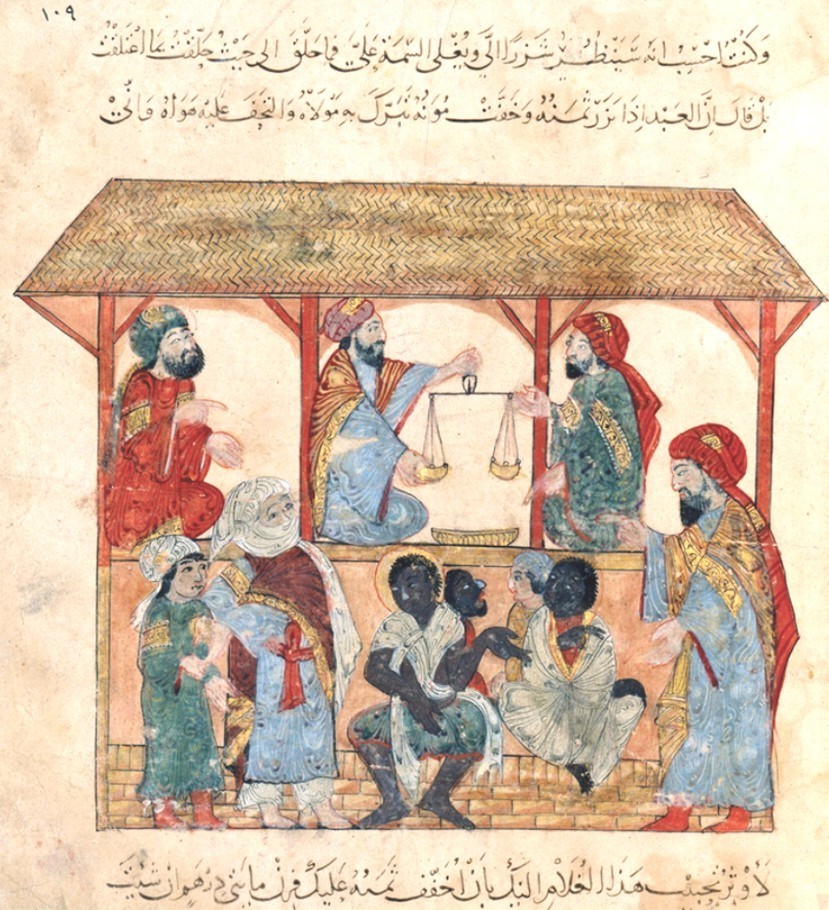 Depiction of a slave market in Zabid, Yemen. Created in the thirteenth century by al-Wasiṭī as an illustration for al-Harīrī's Māqamāt.