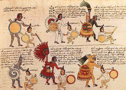 Aztec warriors gain rank as they take captives, seizing them by the hair.them by the hair.