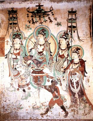 Manjusri Bodhisattva riding a tame lion held by a kunlun slave.