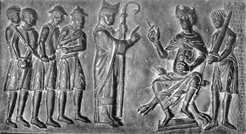 Twelfth-century bronze doors depict St. Adalbert of Prague (c.956-997) pleading with Duke Boleslav II of Bohemia to release Christian slaves belonging to Jewish masters.