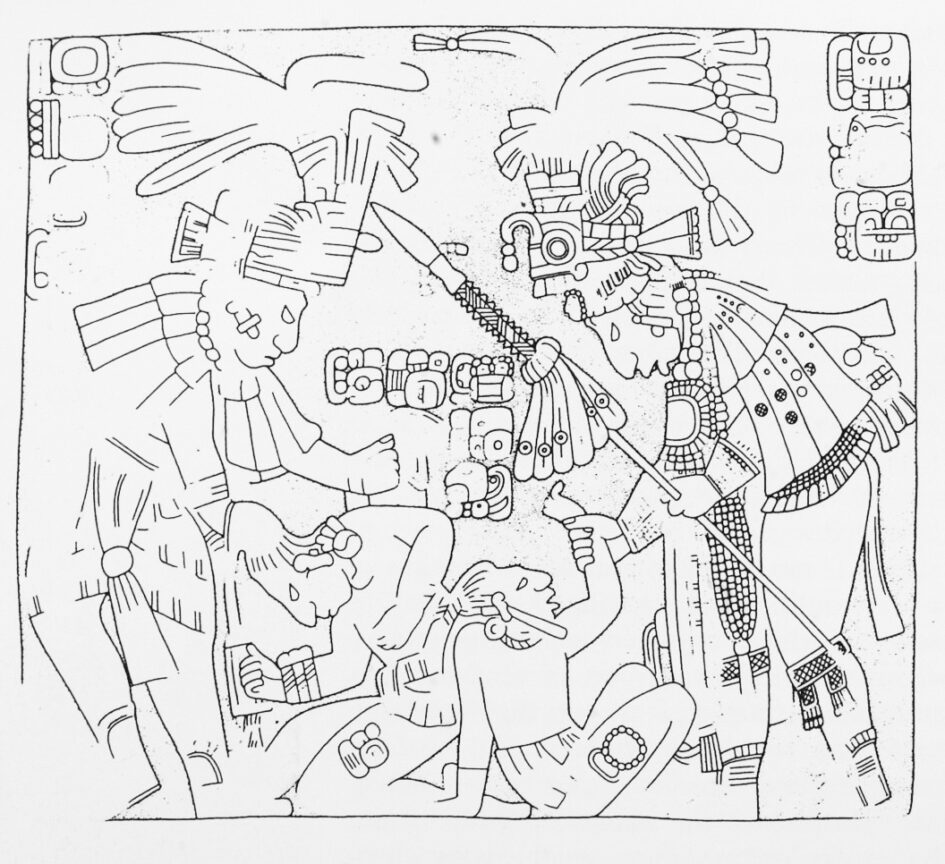 On the right, Bird Jaguar IV, Mayan ruler of Yaxchilan, grasps the wrist of Jeweled Skull and takes him captive. On the left, a Mayan noble K'an Tok Wayib grasps the hair and rope bindings of Kok Te' Ajaw and takes him captive.