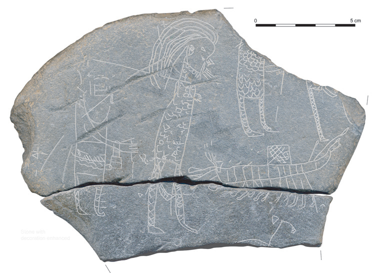 An inscribed slate, 9th-10th century, from the island monastery of Inchmarnock off the west coast of Scotland. It depicts what seems to be a wild-haired raider wearing a long coat of mail leading a captive by a rope around his neck towards a ship. The captive figure may be a monk carrying a reliquary attached by a chain to his belt.