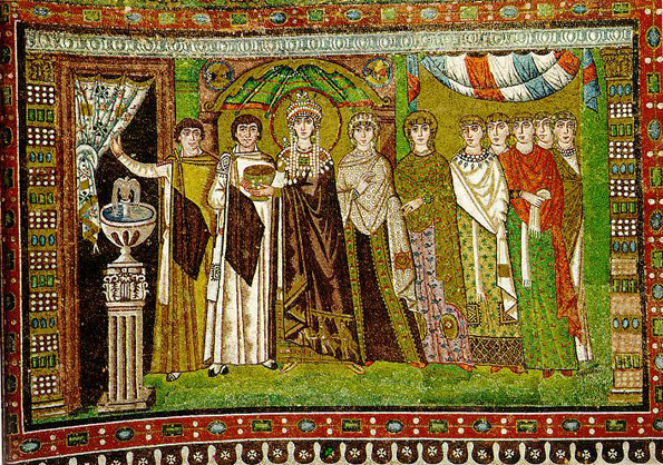The Byzantine empress Theodora, wife of Justinian, attended on the right by noblewomen and on the left by eunuchs.