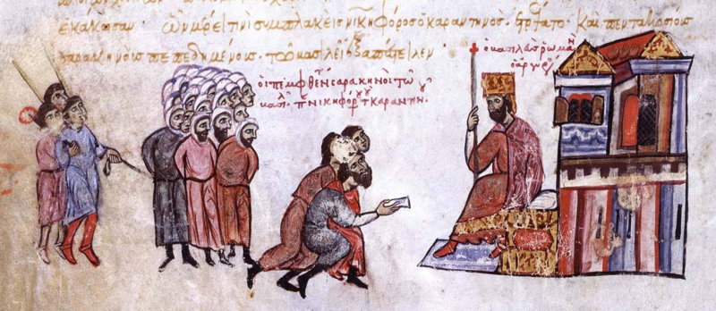 Arab captives taken in a naval battle are brought before the Byzantine emperor Romanos III Argyros.