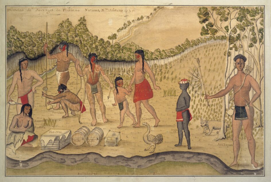 A party of Illinois Indians visiting Lower Louisiana. The seated woman depicted in the lower left corner is a slave.