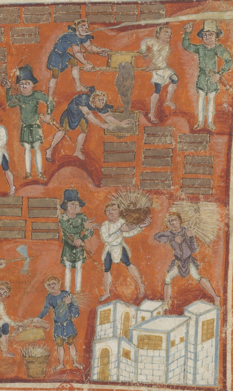 Enslaved Israelites make bricks of clay and straw under the direction of overseers armed with swords and whips.