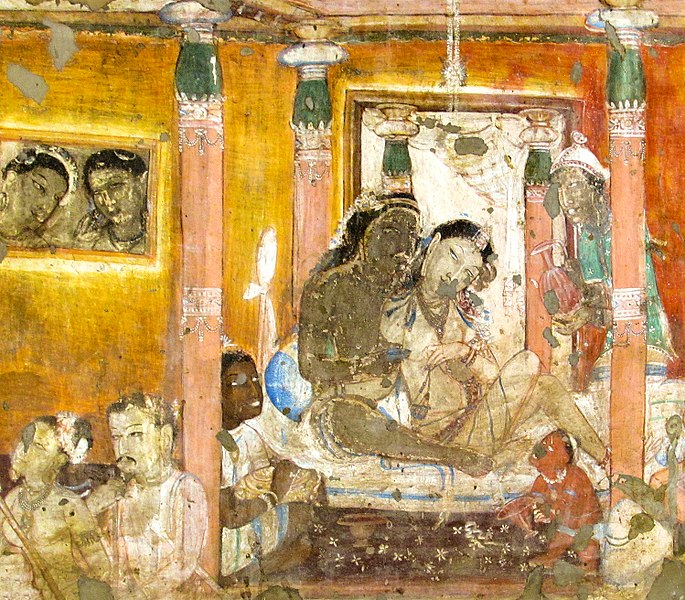 Nanda, the Buddha's half-brother, drinking wine and enjoying himself with a woman in the palace before his conversion. The pair are attended by three servants whose status is unclear. The upper right figure probably represents a Central Asian man.