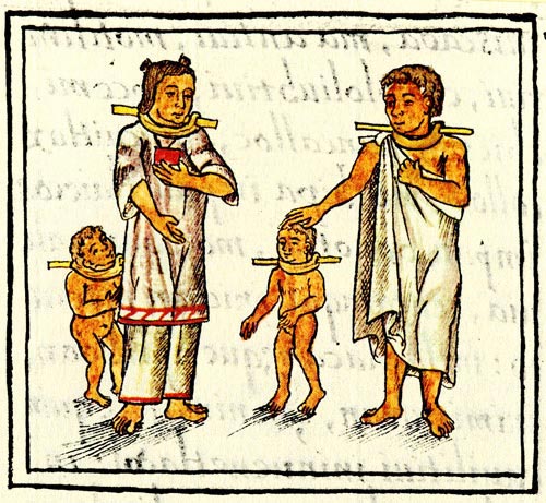 Aztec slaves wearing wooden collars.