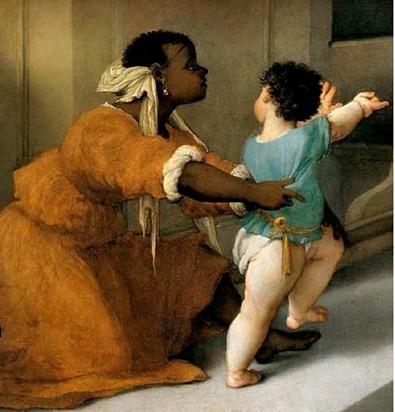 A slave prevents a young child from running in front of the judge who is interrogating St. Lucy. 